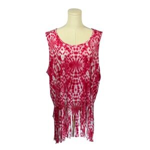 Gemstone Super Soft Pink & White Tie Dye Pattern Tank Top w/ Fringe Bottom (3X)
